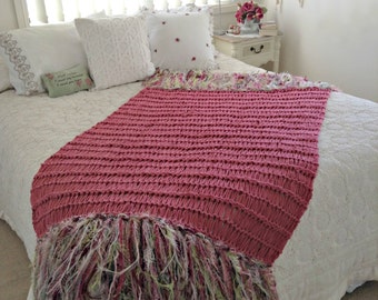 Pink Decor Cottage Chic Rose Pink Throw Blanket. Shabby Chic Home Decor Ivory, Green in Fringe. Country Cottage Knit Afghan Women