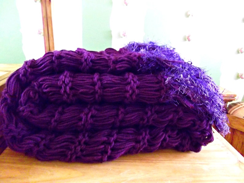 Afghan Purple Afghan Knit Blanket Afghan with Short Fringe Etsy