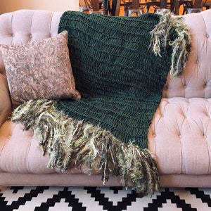 Green Throw Blanket Knit with Dark Green Afghan Forest Green Olive Green Blanket Moss Green Fringe Interior Design Home Decor Accent All Shades of Green