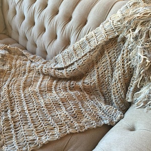 Long Afghan Knit with Ivory, Grey, Cream, Tan, Beige Blanket Fringe Throw Blanket image 7