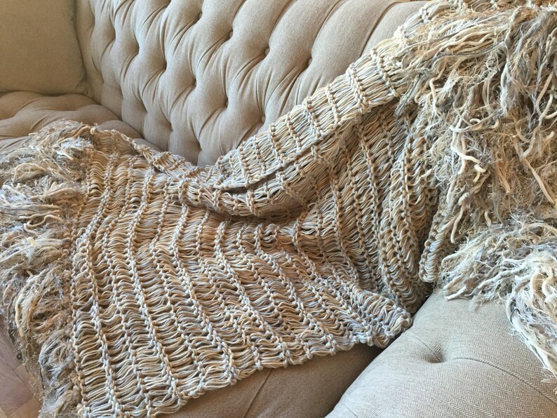 Long Afghan Knit with Ivory, Grey, Cream, Tan, Beige Blanket Fringe Throw Blanket image 7