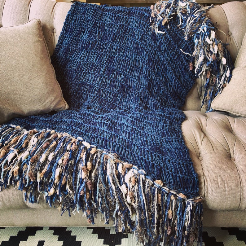 Denim Throw Lap Blanket Blue Knit Afghan Throw for Sectional Sofa Throw Darker Mix