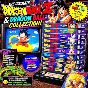 May include: A collection of Dragon Ball Z VHS tapes, featuring various sagas and characters. The image includes a retro TV displaying a scene, a green dragon, and text that reads "The Ultimate Dragon Ball & Dragon Ball Collection!"
