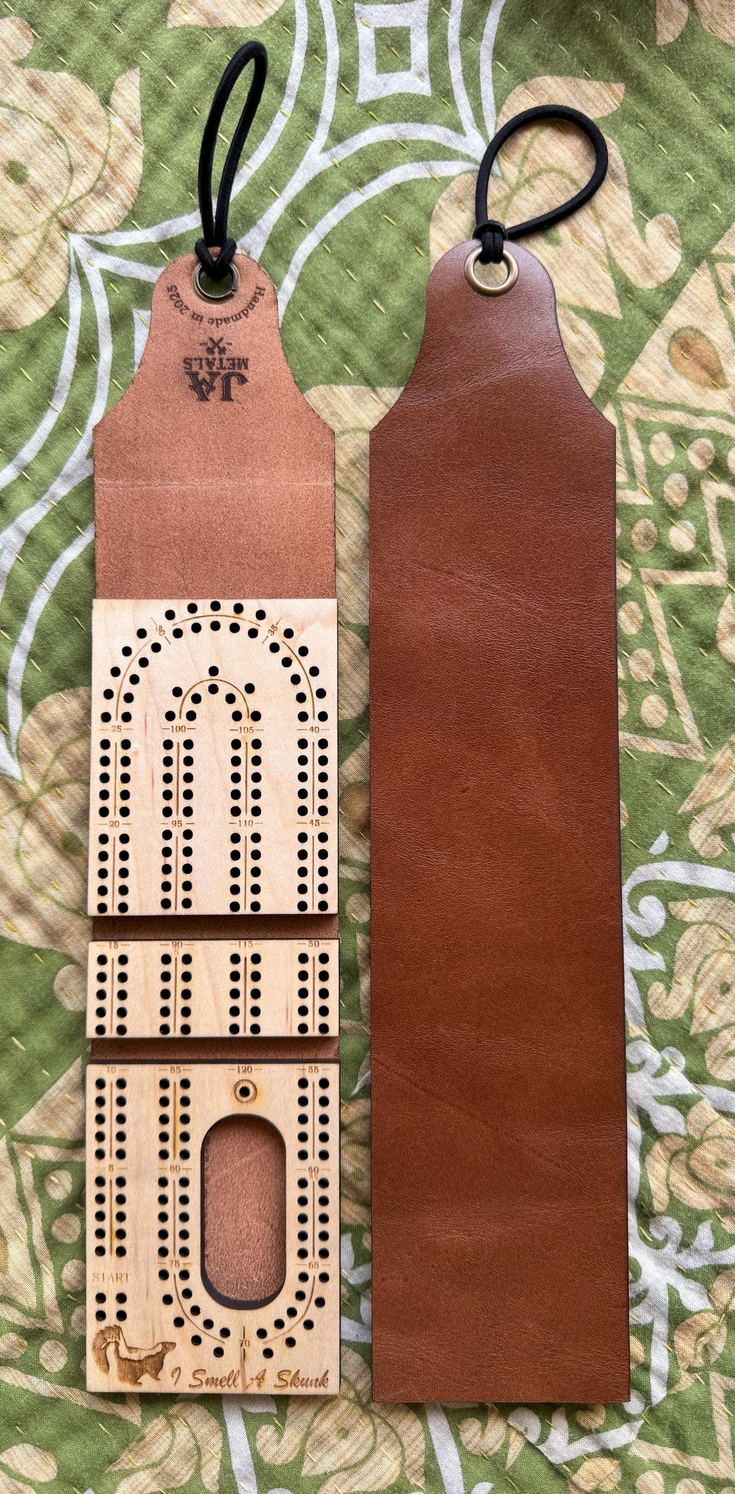 Rover - Handmade Folding Travel Cribbage Board,leather,once around,Handcrafted,wood,game,bar game,cottage,cabin,trailer,camping,camper