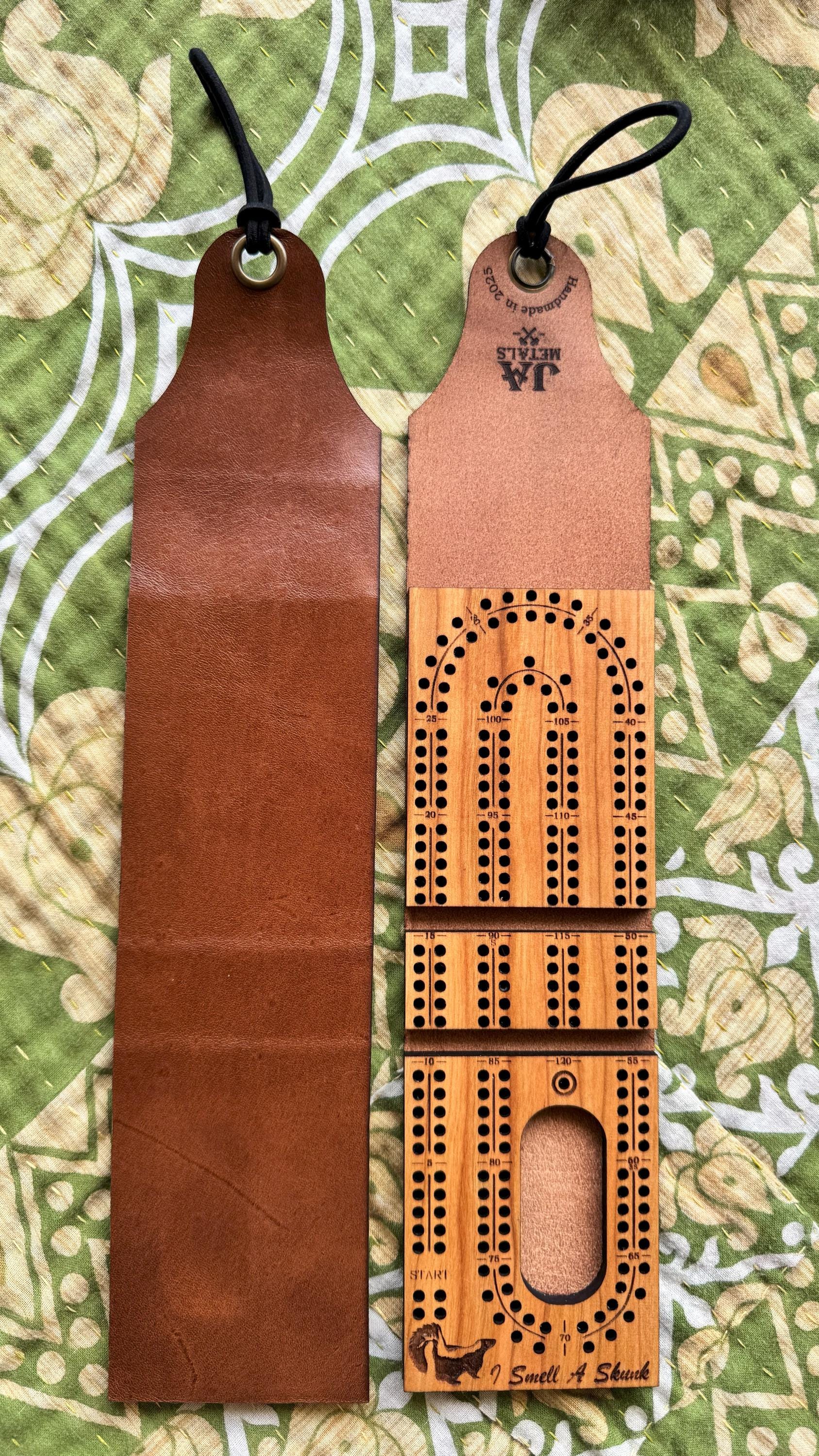 Rover - Handmade Folding Travel Cribbage Board,leather,once around,Handcrafted,wood,game,bar game,cottage,cabin,trailer,camping,camper