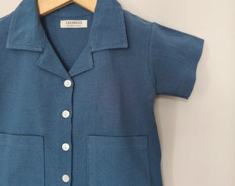 Conjunto retro de ropa de lino y algodón azul vaquero para niños pequeños: conjunto de dos piezas de ropa de verano para niños, camisa bohemia para niños