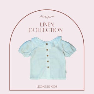 Girls Linen Ruffle Collar Top - White Button Down Blouse for Toddlers and Kids - Puff Sleeve Summer Shirt - White Linen Summer Tops