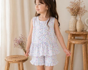 Floral Toddler Outfit - Sleeveless Top & Ruffle Shorts, cotton fabric