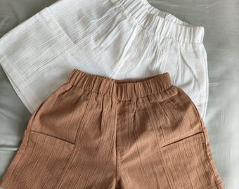 Boys Linen Shorts Caramel: Handmade Kids Summer Pants with Side Pockets