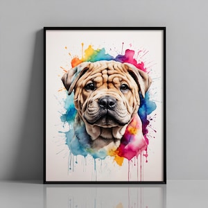 Shar Pei Watercolor Wall Art – Colorful Shar Pei Dog Portrait Digital Art Instant Download Wall decor Home decor