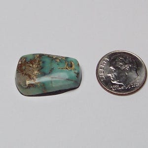 May include: A polished, irregular turquoise gemstone with brown matrix veining, positioned next to a silver-colored United States dime for scale. The stone features a smooth, glossy surface with a mix of teal, green, and brown earth tones.
