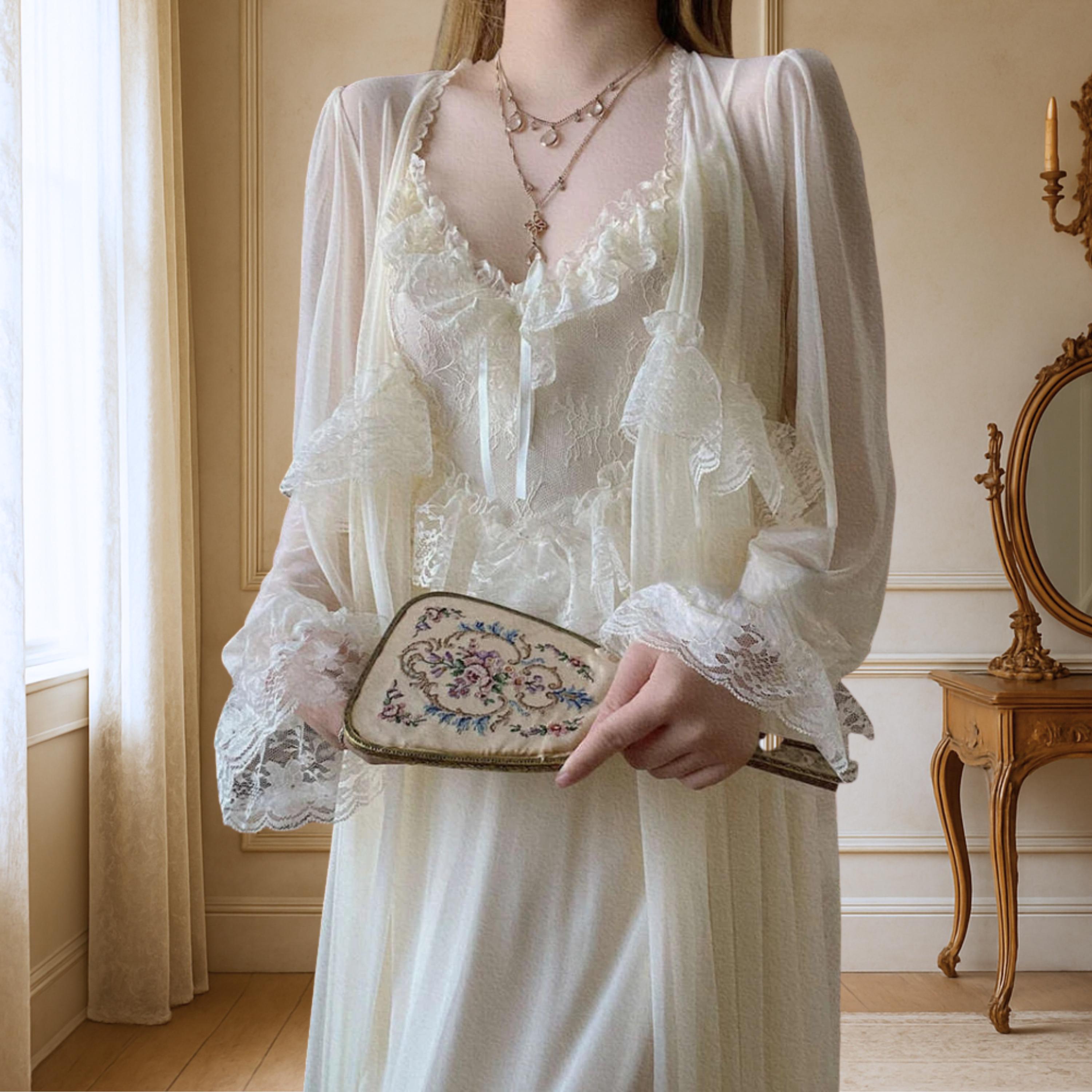 Vintage Ivory Lace Nightgown Set, French Cottagecore Robe and Slip Dress Bridal Lingerie, Soft Chiffon Lingerie, Romantic Honeymoon Lingerie