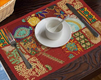 Handmade Vintage Patchwork Cotton Placemat Set Of 6 Boho Table Mat Rustic Kitchen Linen Dining Decor, Colorful handwoven Table Accessory