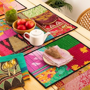 Boho Cotton Kantha Placemats Set - Handmade Patchwork Dining Table Mat - Vintage Floral Kitchen Tableware Decor, Washable Place mats