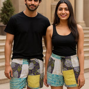 Kantha Pants Indian Vintage Men&#39;s Women Shorts Handmade Night Wear Boho Unisex Shorts Handmade Comfort Fit Casual Daily Yoga Hippie 2 Pcs