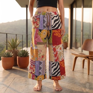 Spodnie Kantha z bawełny w stylu vintage, patchworkowe, boho, hipisowskie, szerokie, dwustronne, do jogi, swobodne, palazzo, pikowane, etniczne, festiwalowe