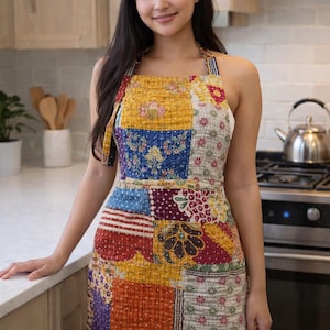 May include: A colorful patchwork apron with a variety of patterns and colors, including floral, geometric, and paisley designs. The apron has a halter neck and a waist tie, perfect for kitchen use.