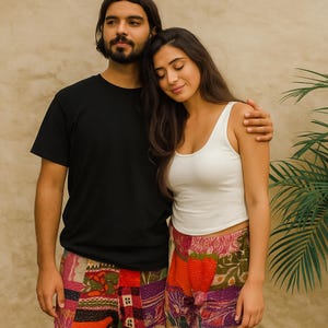 Kantha Pants Men&#39;s Shorts Indian Vintage Handmade Night Wear Women Unisex Shorts Hand Stiched Comfort Fit Yoga Short Casual Daily Wear 2 Pcs