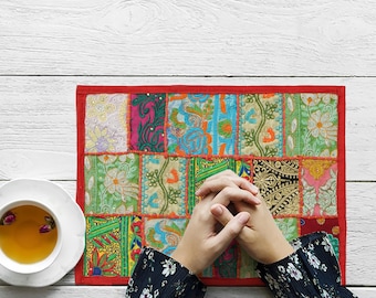 Patchwork Placemats Khambadia Dining Mats Boho Handmade Table Doily Decor Colourful Table Protector Ethnic Vintage side tableMats Floral