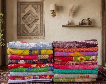 Edredón reversible de algodón hecho a mano, colcha bohemia de algodón Gudri Nomad, decoración bohemia, manta vintage Kantha de 85 x 55 pulgadas