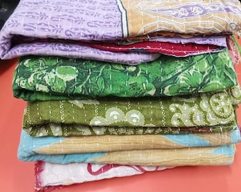 Handmade Vintage Kantha Quilt: Reversible Bohemian Bedspread Throw Cotton Gudri Handmade boho Decor Bed Cover