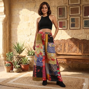 Vintage Cotton Patchwork Kantha Pants Boho Hippie Wide Leg Trousers Reversible Lounge Yoga Casual Palazzo Quilted Ethnic Festival Wear Pants