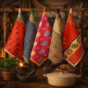 Toallas de cocina Kantha hechas a mano (5 piezas), servilletas de algodón reciclado con diseño de patchwork, servilletas de cocina estilo boho, juego de paños de cocina boho con estampado paisley colorido