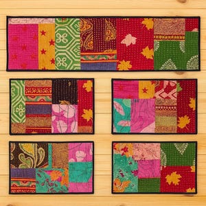 Kantha Table Runner And Placemats Set, 100% Up-Cycled Cotton, Colorful Patchwork Quilting, Vintage Farmhous Boho Dining Decor