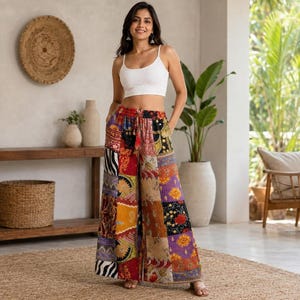 Pantalon kantha en patchwork de coton vintage, pantalon large bohème hippie, réversible, yoga, palazzo décontracté, matelassé, pantalon ethnique festival