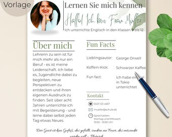 Meet the Teacher Template German, Teacher Introduction Profile Canva, A4 Printable to Print & Edit, Back to School, Clean Plant