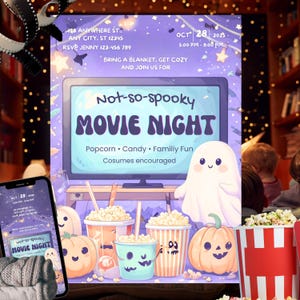 Not So Spooky Movie Night Invitation | Halloween Movie Party Flyer | Cute Ghost Popcorn Candy Printable | Editable Template Mobile