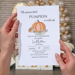 Editable baby shower invitation template – fall pumpkin design with woodland elements – printable PDF