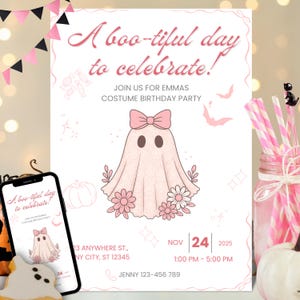 Adorable Ghost-Themed Invitation for a Pink Halloween Birthday Bash – Customize with Canva, Instant Download!