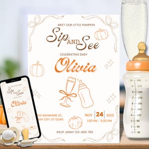Könnte beinhalten: Eine Babyparty-Einladung mit dem Text "Sip and See" und "Celebrating Baby Olivia". Das Design umfasst Kürbisse, ein Sektglas und eine Babyflasche. Ein Smartphone zeigt die Einladung an. Eine Babyflasche mit Messungen ist ebenfalls sichtbar.