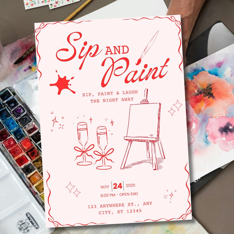 Sip and Paint Invitation Editable Canva Template Art Party