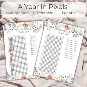 Könnte beinhalten: Zwei druckbare Stimmungstracker mit floralen Akzenten. Die Tracker tragen die Aufschrift "Year in Pixels" und enthalten ein Raster zur Verfolgung der Stimmungen. Die Tracker haben eine farbcodierte Legende für verschiedene Emotionen.