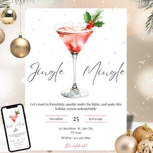 Può includere: Un invito festivo con un'illustrazione ad acquerello di un cocktail in un bicchiere da Martini, guarnito con agrifoglio e bacche. Le parole "Jingle Mingle" sono scritte in elegante corsivo, con i dettagli dell'evento sottostanti.