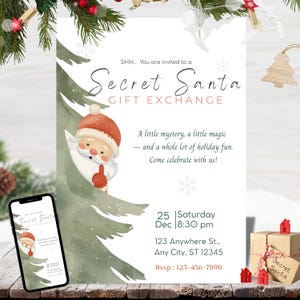 Editable Secret Santa Invitation Template – Watercolor Santa behind Christmas tree, festive Canva design for holiday parties