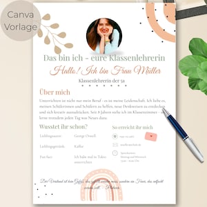 Könnte beinhalten: Eine Lehrer-Vorlagenvorlage mit Foto, Text und dekorativen Elementen. Der Text enthält den Namen der Lehrerin, "Frau Müller", sowie Details zu ihren Interessen und Kontaktinformationen. Ein Stift liegt auf der Seite.