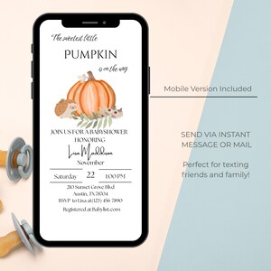 The sweetest little pumpkin baby shower invite – autumn theme with hedgehog and pumpkin – editable download