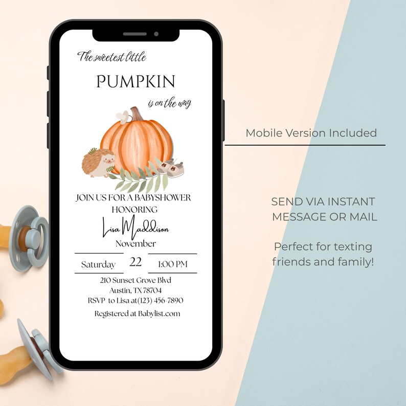 The sweetest little pumpkin baby shower invite – autumn theme with hedgehog and pumpkin – editable download