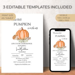 Pumpkin baby shower invitation – fall woodland design with cute animals – printable card template
