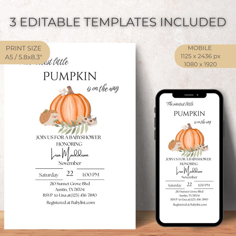 Pumpkin baby shower invitation – fall woodland design with cute animals – printable card template