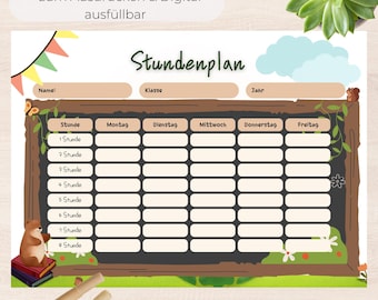 German Children's Timetable | Forest Animal Bear, A4 PDF & Canva Template | School Enrollment Gift | Digital Printable Timetable