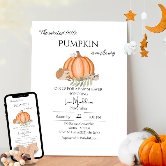 Pumpkin Baby Shower Invitation - Fall Gender Neutral Editable Canva Template Printable + Mobile Sizes