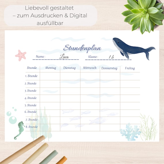 Maritimer Stundenplan mit Wal – A4 PDF Druck & Canva Vorlage für Kinder , Stundenplan Grundschule personalisierbar, Planer für Unterricht