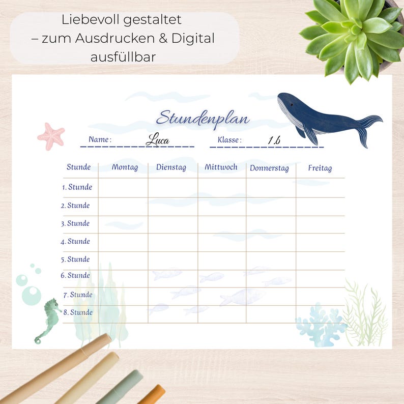 Maritimer Stundenplan mit Wal-Motiv für Kinder – als A4-PDF und Canva-Vorlage, liebevoll illustriert, perfekt für den Schulstart