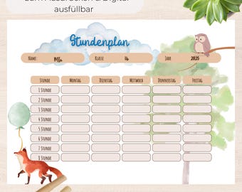 Watercolor Fox Timetable | Children's Timetable PDF & Canva Template | School Enrollment Gift | School Timetable Printable Kids