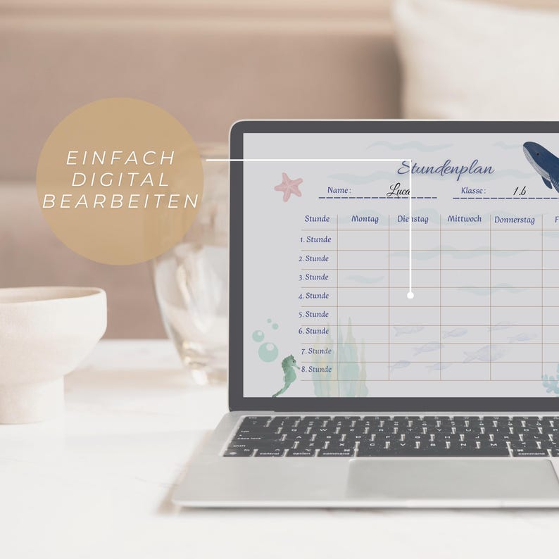 May include: A laptop displaying a digital planner with the text "Stundenplan" and the name "Luca". The screen shows a schedule with columns for each day of the week. The text "EINFACH DIGITAL BEARBEITEN" is also visible.