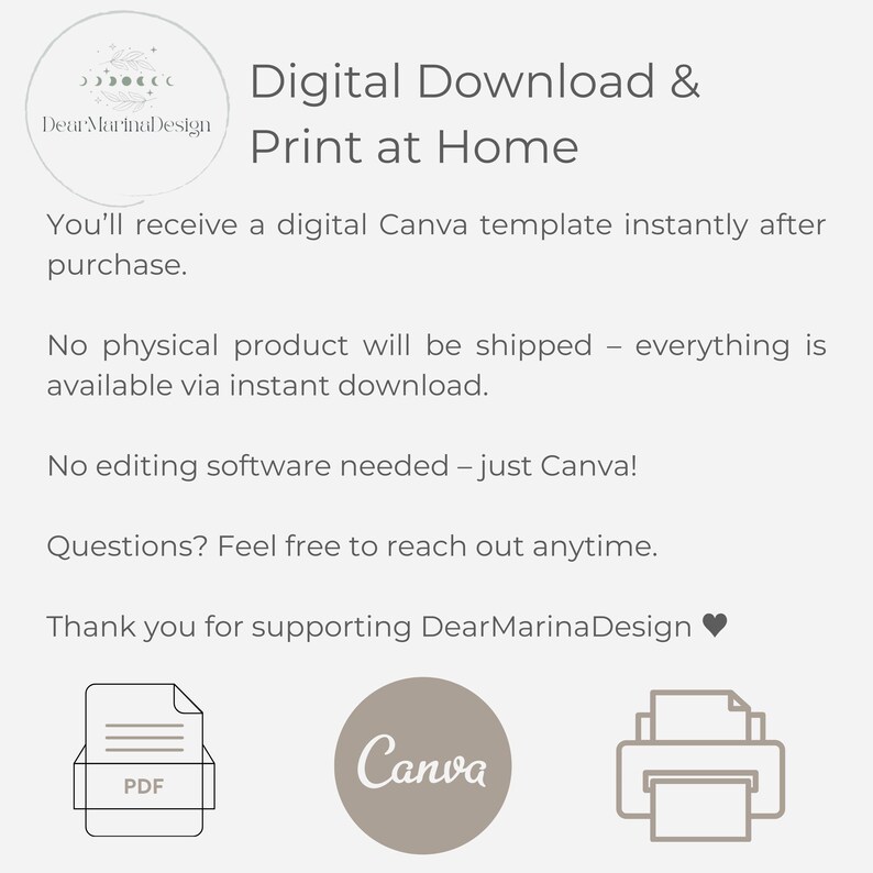May include: A digital download graphic with the text "Digital Download & Print at Home." The image includes a PDF icon, a Canva logo, and a printer icon. The text indicates the product is a digital Canva template available for instant download.